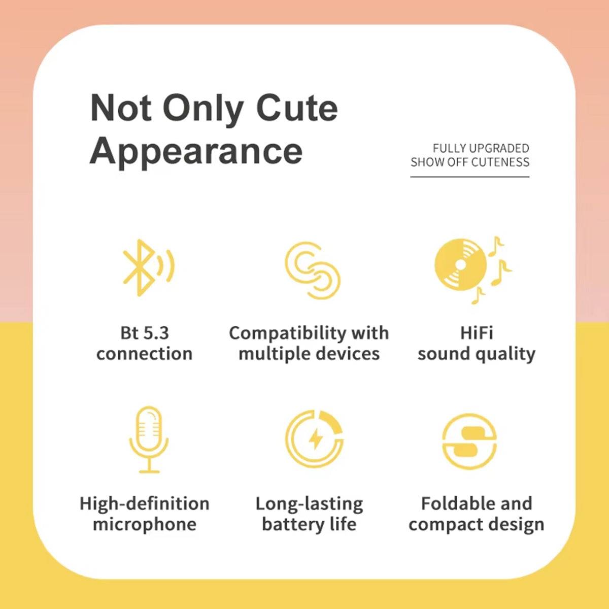 Feature highlights of DOQAUS DO1 Bluetooth Kids Headphones, including BT 5.3, HiFi sound, a high-definition mic, long battery life, and a foldable design.