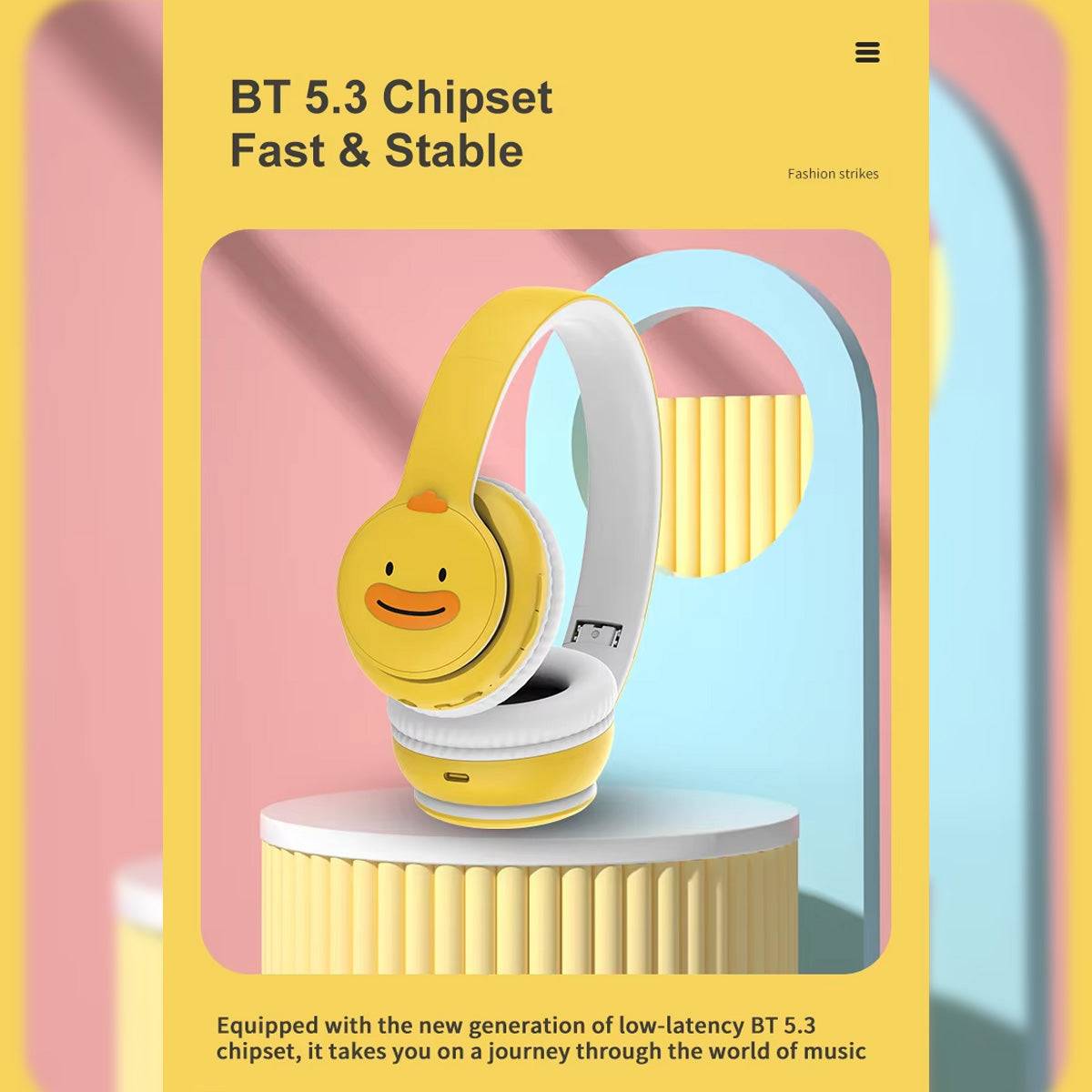 DOQAUS DO1 Kids Headphones with BT 5.3 chipset for a fast and stable wireless connection, displayed in a stylish yellow design with a duck face.