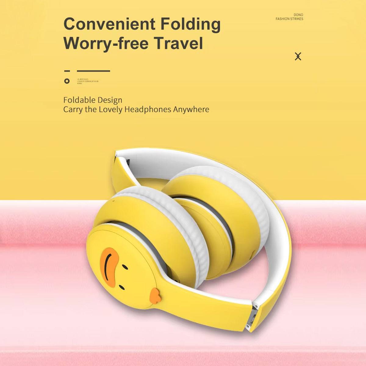 Foldable DOQAUS DO1 Bluetooth Kids Headphones in yellow, designed for easy portability and worry-free travel with a compact and lightweight build.