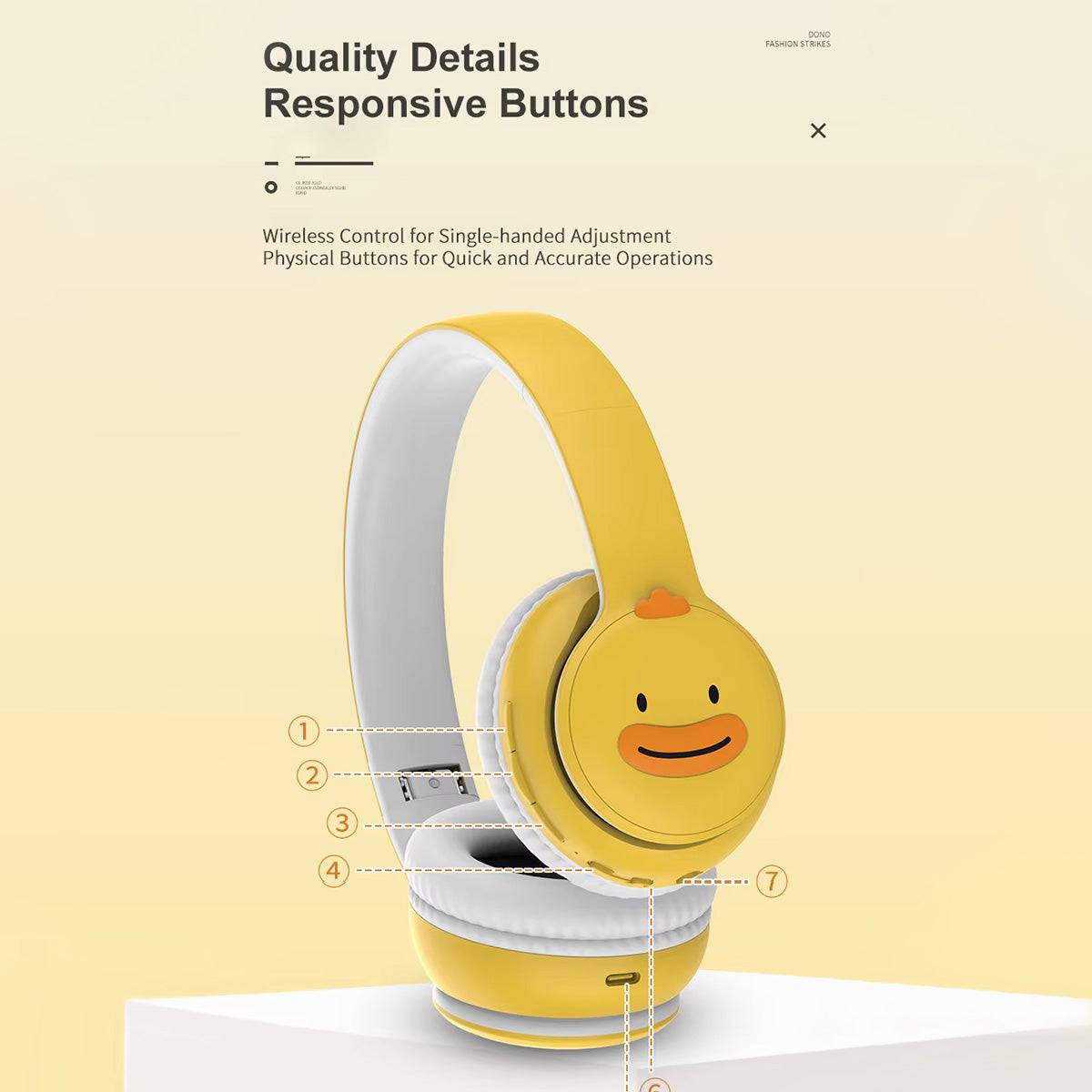 Close-up of DOQAUS DO1 Bluetooth Kids Headphones' responsive buttons, offering wireless control and quick adjustments for a seamless user experience.