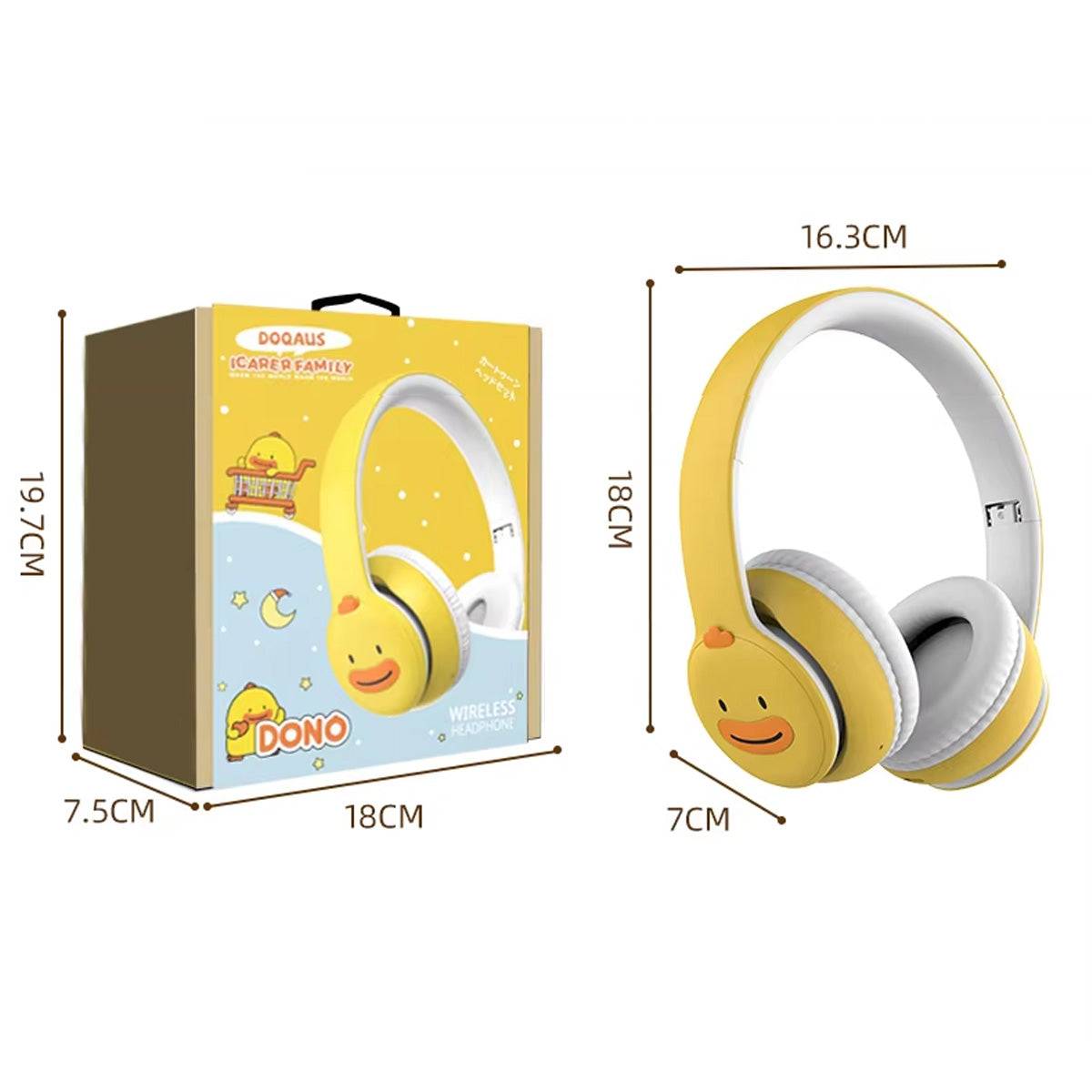 DOQAUS DO1 Bluetooth Kids Headphones packaging and dimensions, featuring a cute duck design, compact box, and foldable structure for easy storage.
