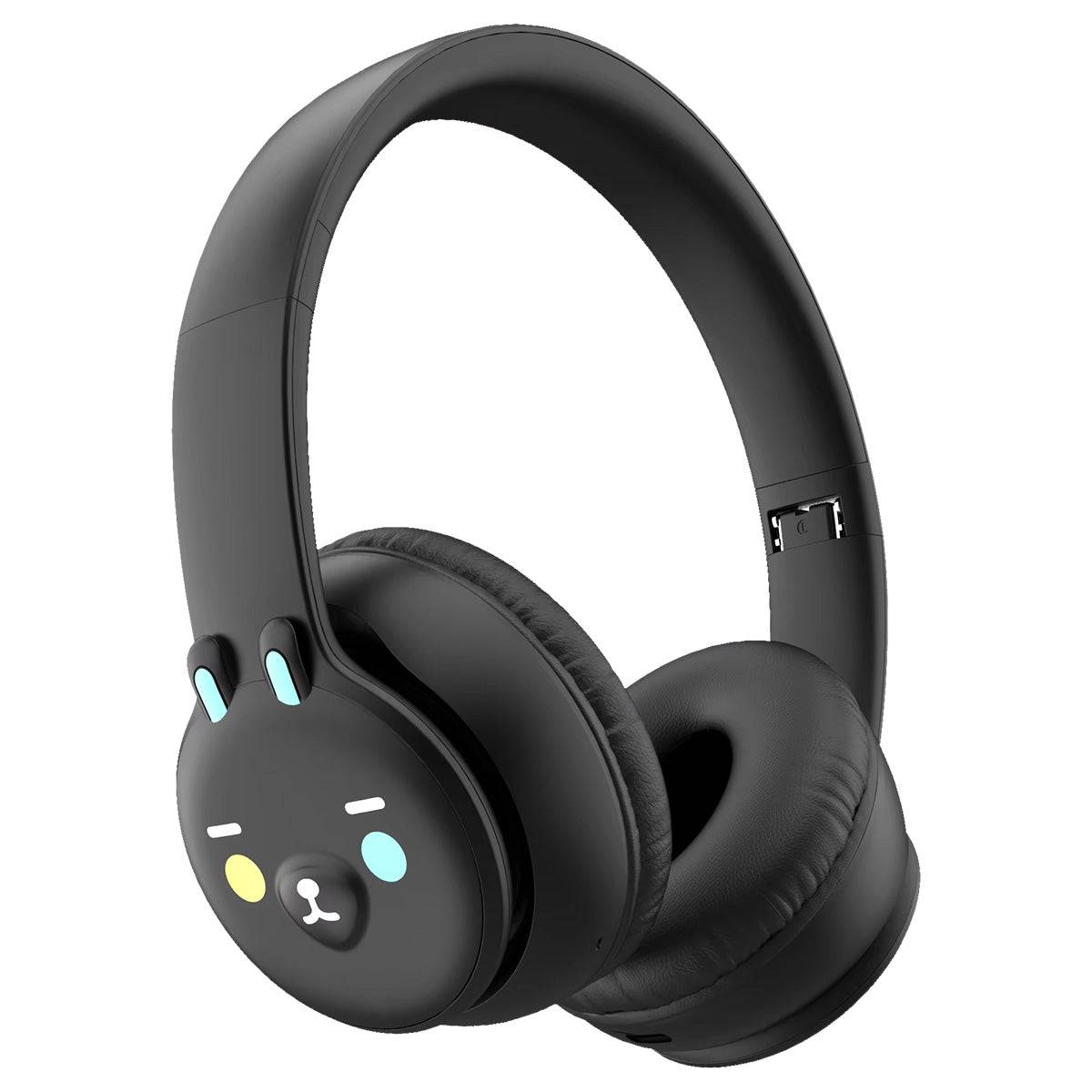 DOQAUS DU1 Bluetooth Kids Headphones in black with a cute animal design, featuring soft ear cushions and an adjustable headband for comfort.