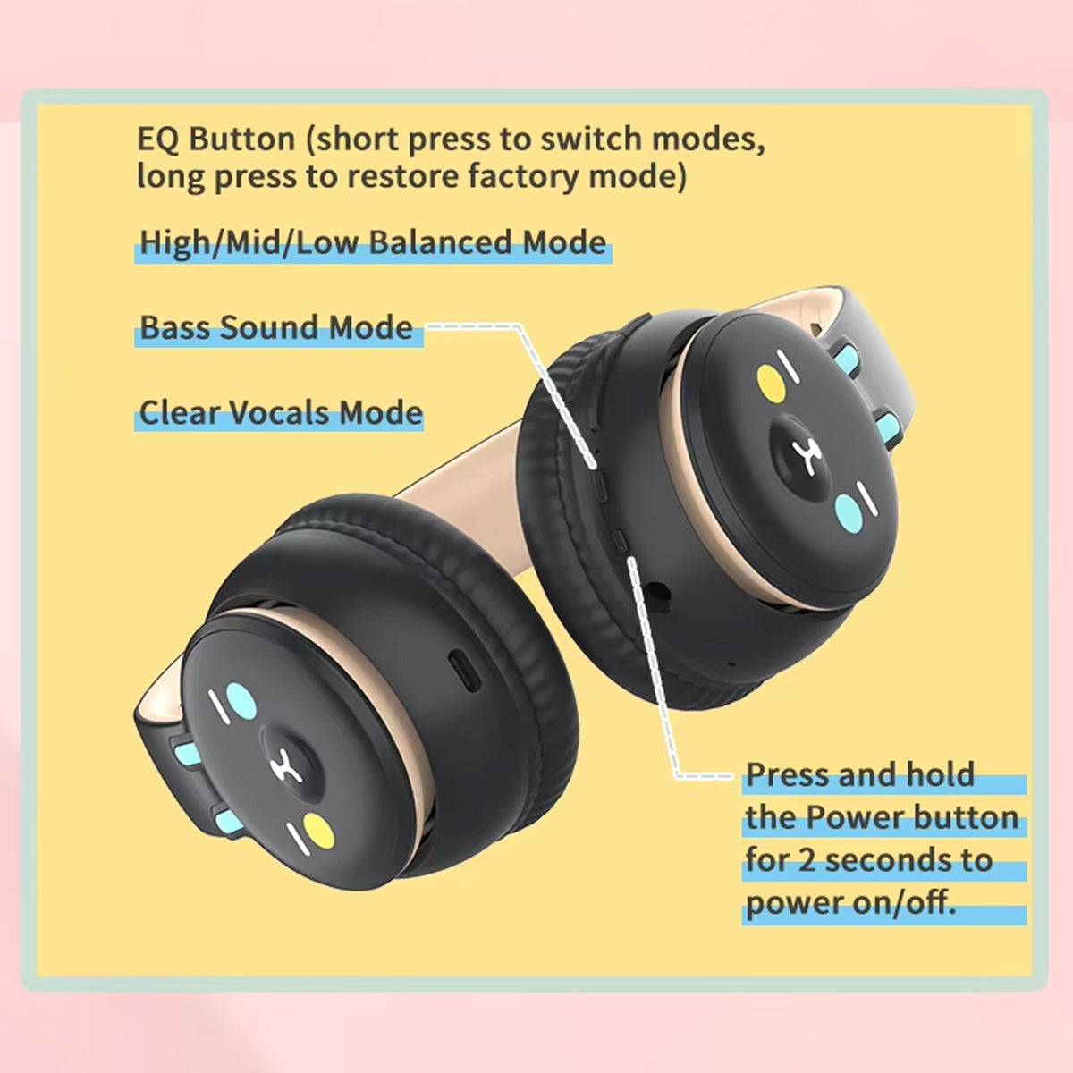 DOQAUS DU1 Bluetooth Kids Headphones featuring an EQ button for switching between balanced, bass, and clear vocals sound modes.