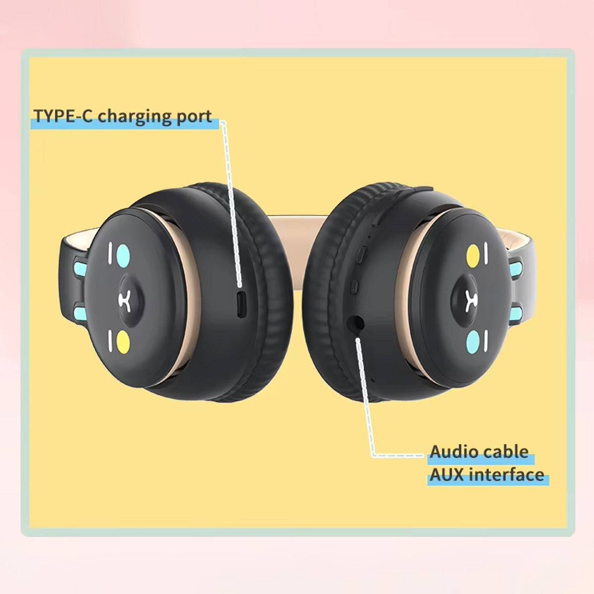 DOQAUS DU1 Bluetooth Kids Headphones with a Type-C charging port and AUX interface for wired and wireless listening options.