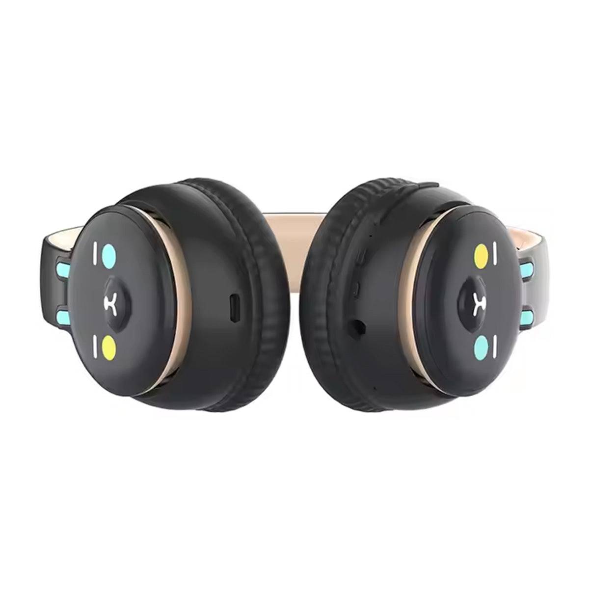 Foldable DOQAUS DU1 Bluetooth Kids Headphones with a playful black animal-themed design, showcasing compact storage and portability.