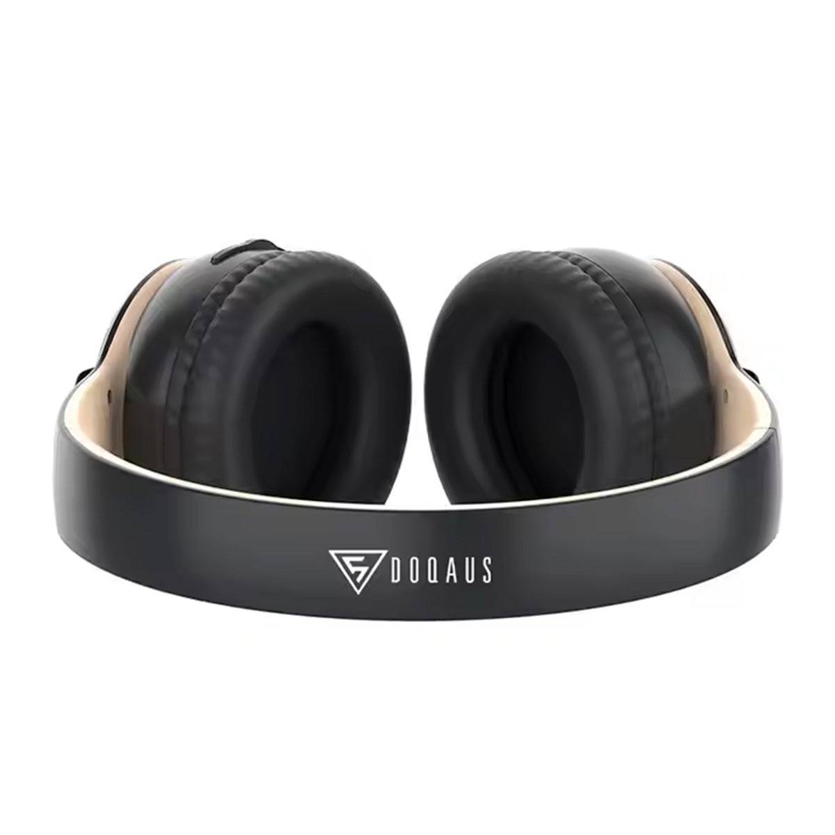 Rear view of DOQAUS DU1 Bluetooth Kids Headphones in black, displaying the brand logo on the headband and cushioned ear cups for comfort.