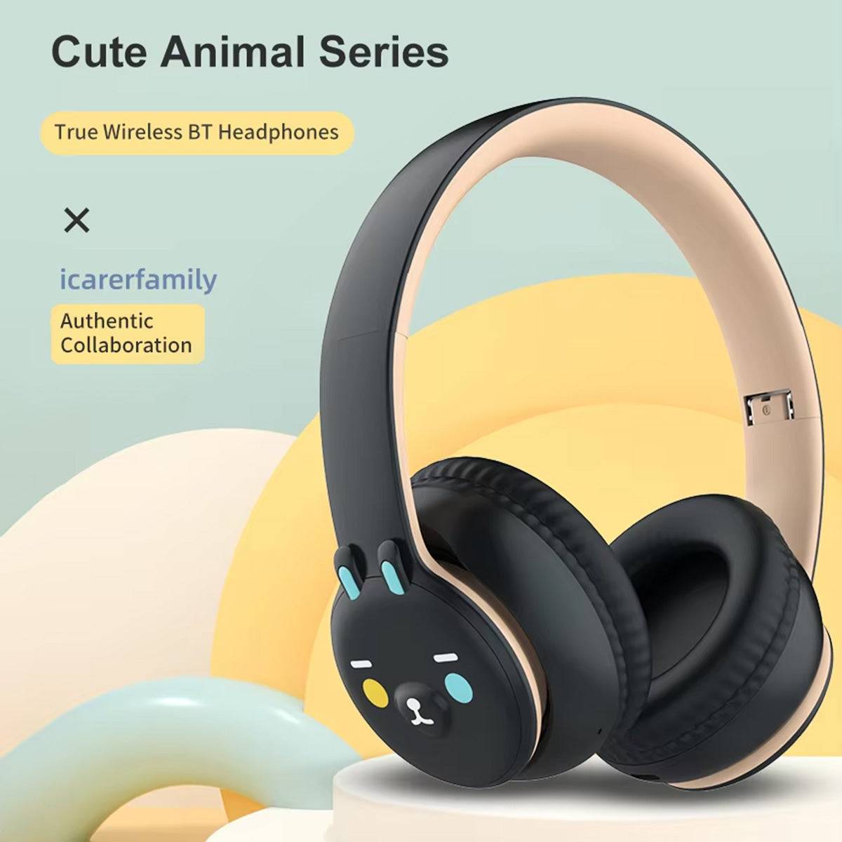 DOQAUS DU1 Bluetooth Kids Headphones in black, part of the Cute Animal Series, offering wireless connectivity and an ergonomic design.
