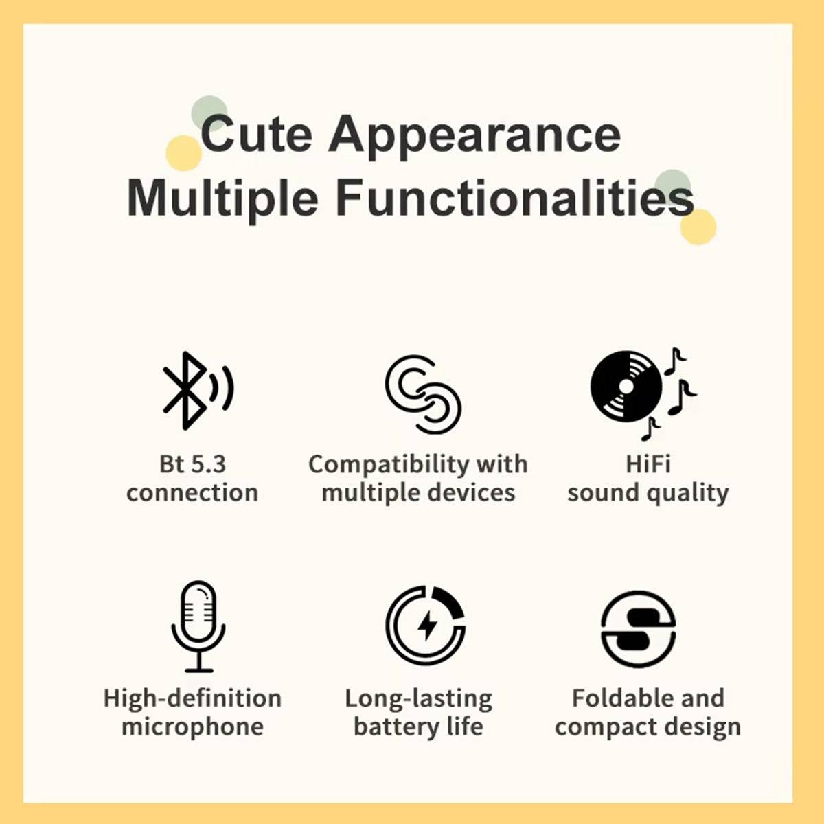Feature highlights of DOQAUS DU1 Bluetooth Kids Headphones, including BT 5.3, HiFi sound, long battery life, and a foldable compact design.