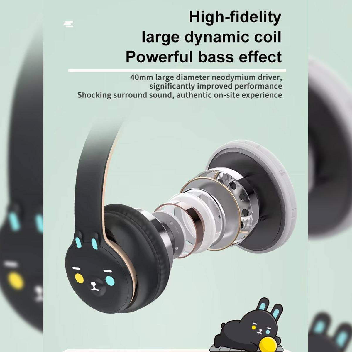 Exploded view of DOQAUS DU1 Bluetooth Kids Headphones, showcasing a 40mm neodymium driver for high-fidelity sound and powerful bass.