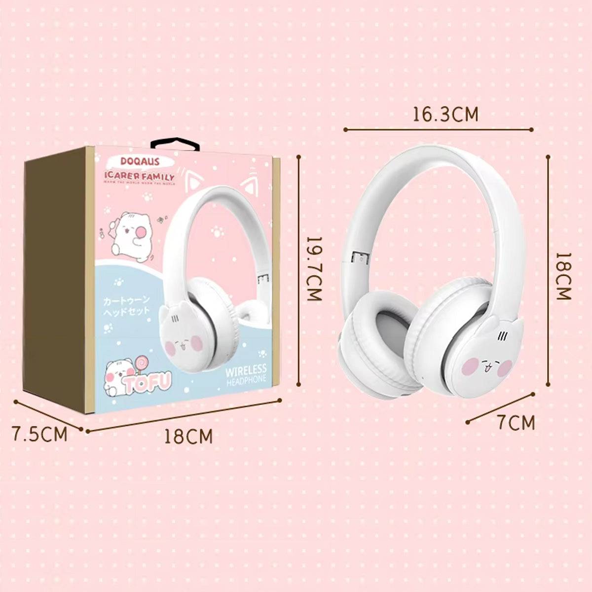 DOQAUS TO1 Bluetooth Kids Headphones packaging with product dimensions, showcasing a compact and stylish design for easy portability.