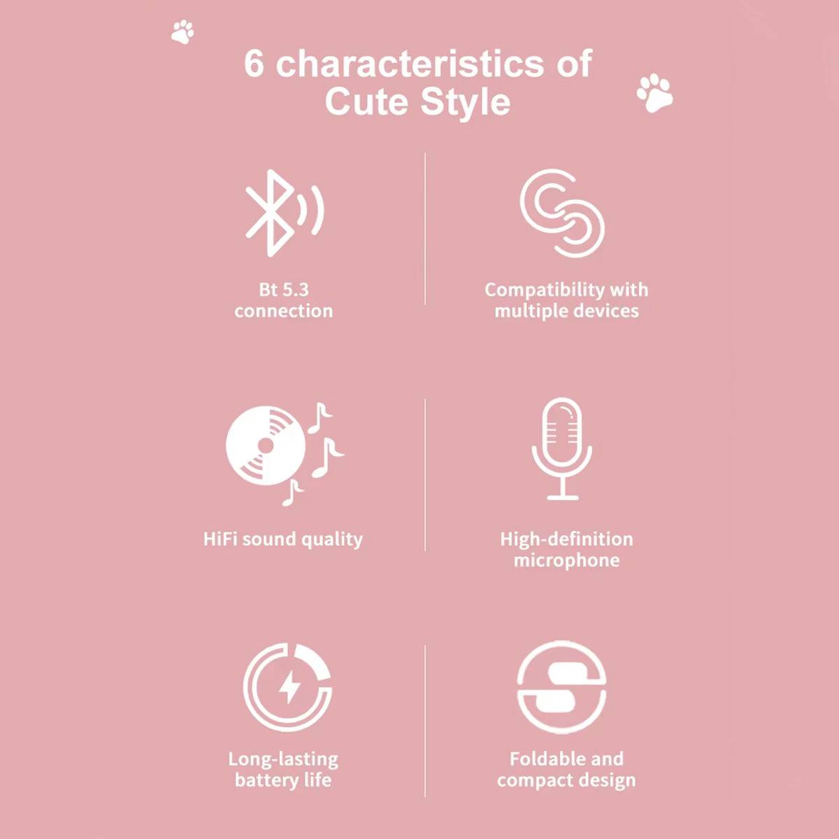 Six key features of DOQAUS TO1 Bluetooth Kids Headphones, including BT 5.3, HiFi sound, HD mic, long battery life, multi-device compatibility, and foldable design.