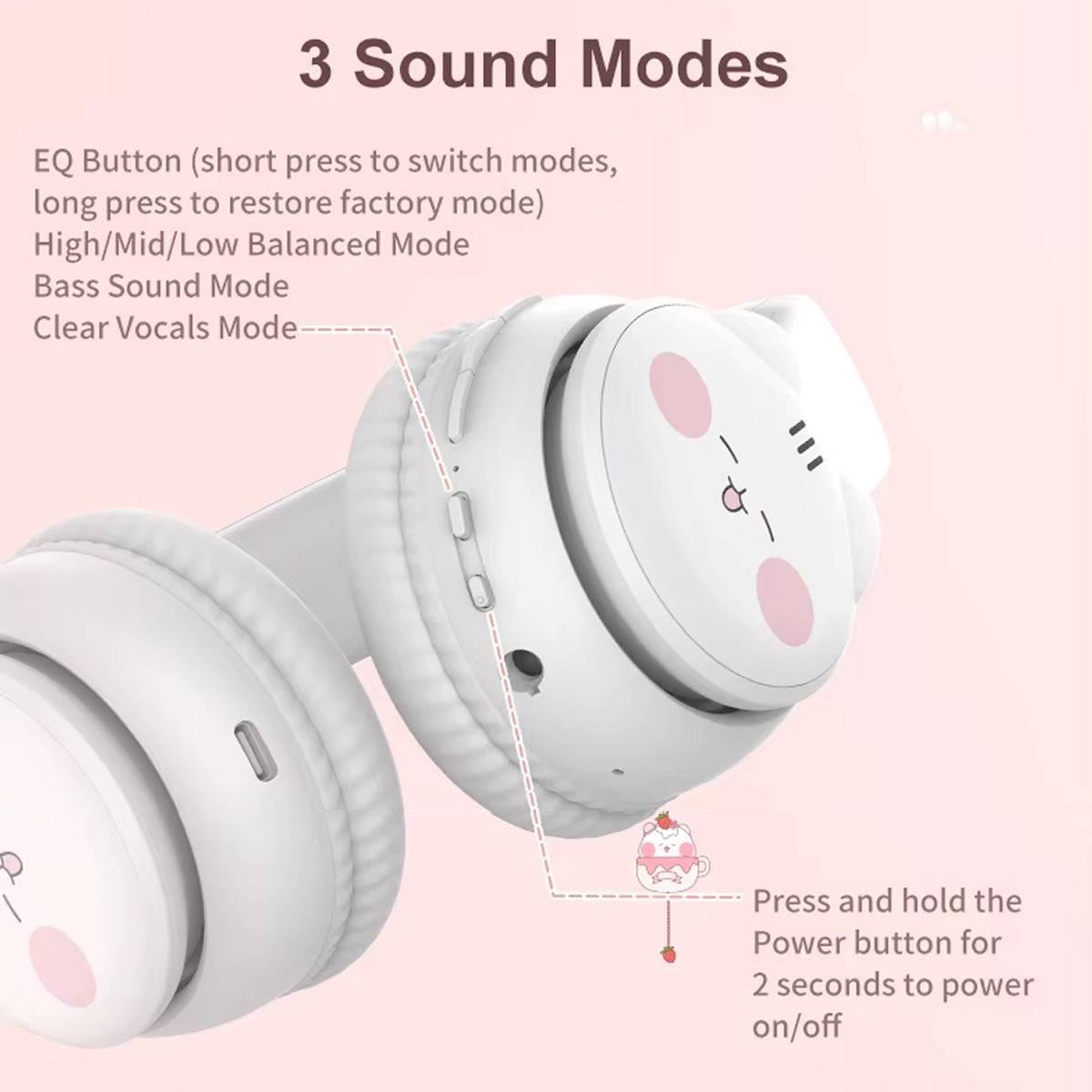 Three sound modes in DOQAUS TO1 Bluetooth Kids Headphones, including balanced, bass, and clear vocals, with an EQ button for easy switching.