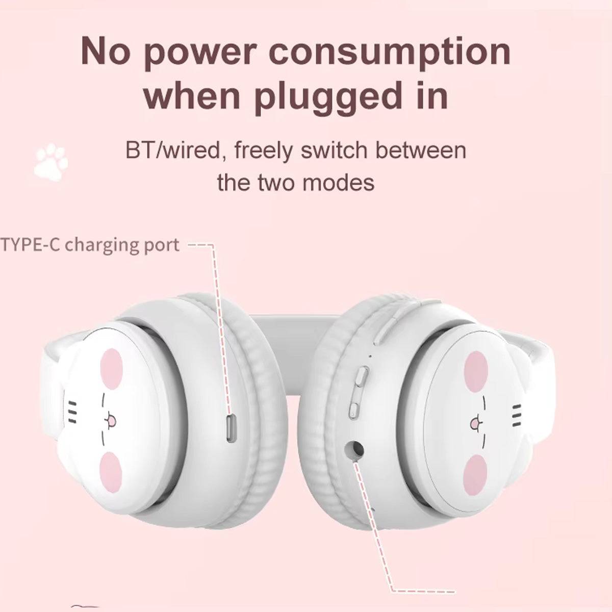 DOQAUS TO1 Bluetooth Kids Headphones support both BT and wired modes with a Type-C charging port, ensuring no power consumption when plugged in.