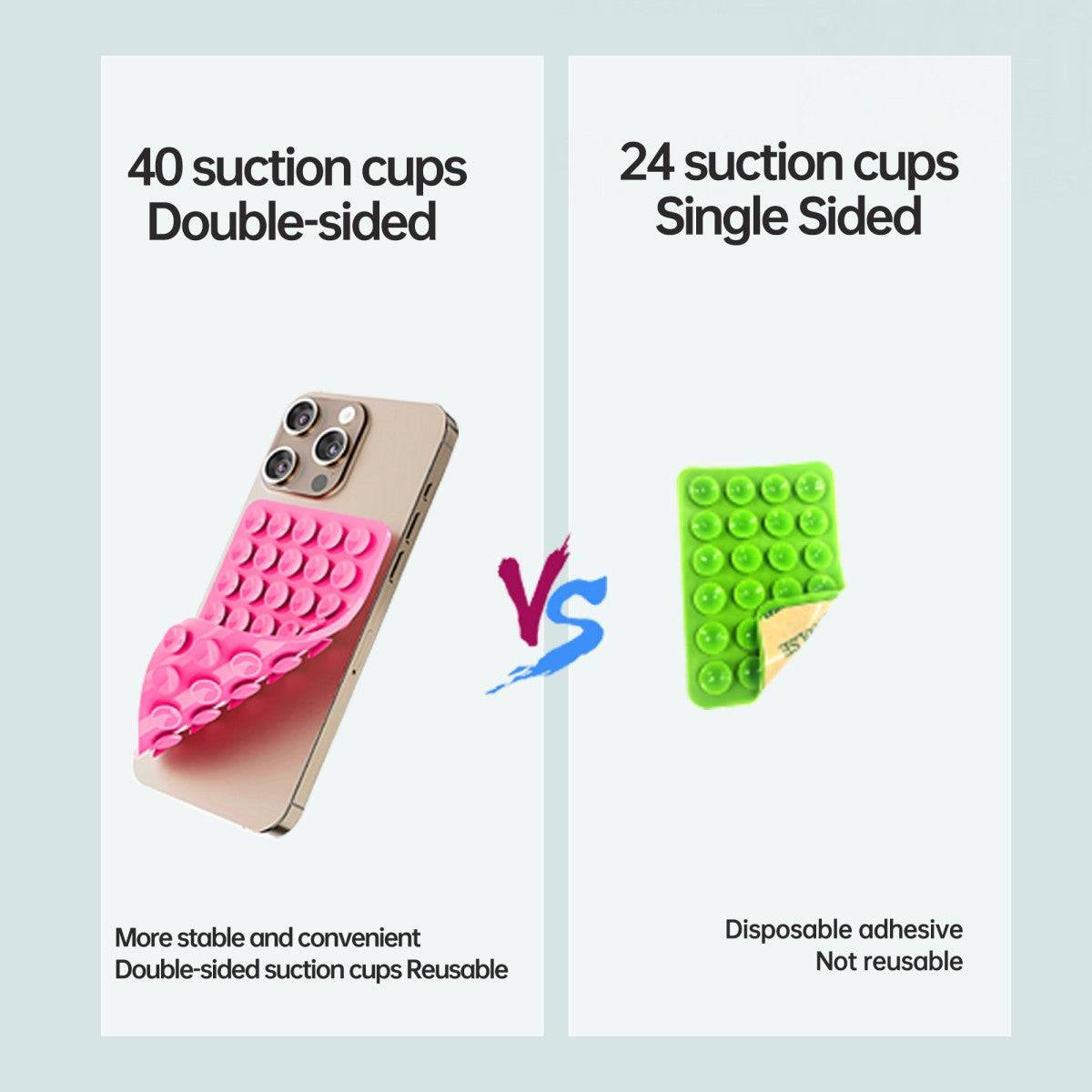 Comparison of double-sided 40 suction cup holder vs single-sided 24 suction cup holder. Reusable and more stable design.