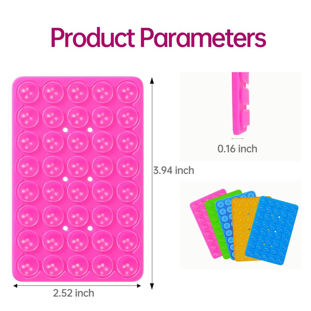 Product dimensions of the pink silicone suction cup phone holder, measuring 3.94 x 2.52 inches with a thickness of 0.16 inches.