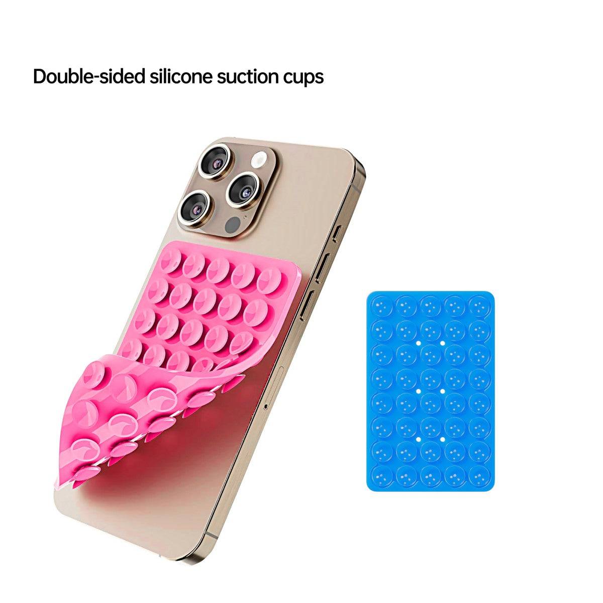 Pink and blue double-sided silicone suction cup phone holders attached to smartphones, providing strong and reusable adhesion.