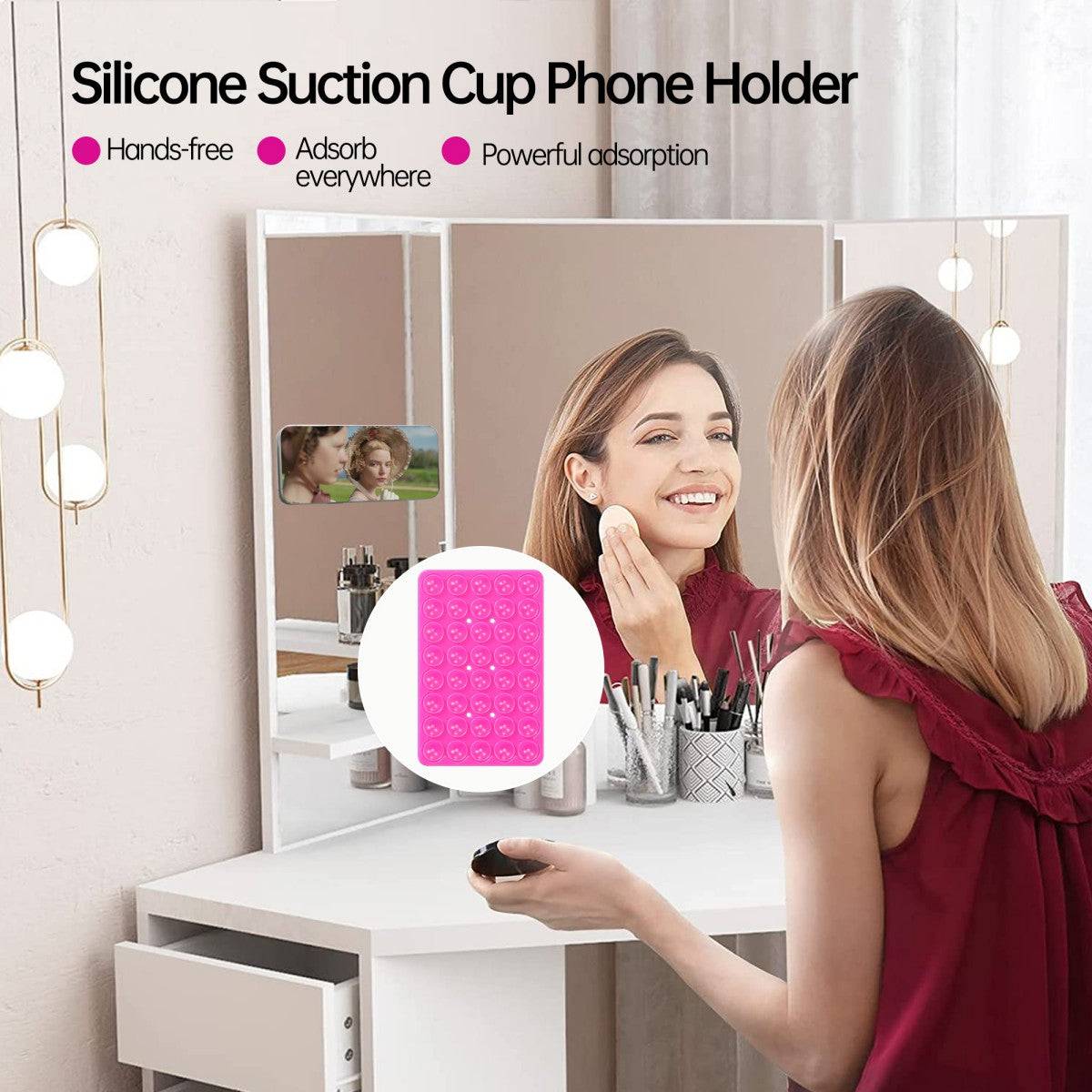 Woman using a silicone suction cup phone holder on a mirror while applying makeup. Hands-free convenience for daily use.