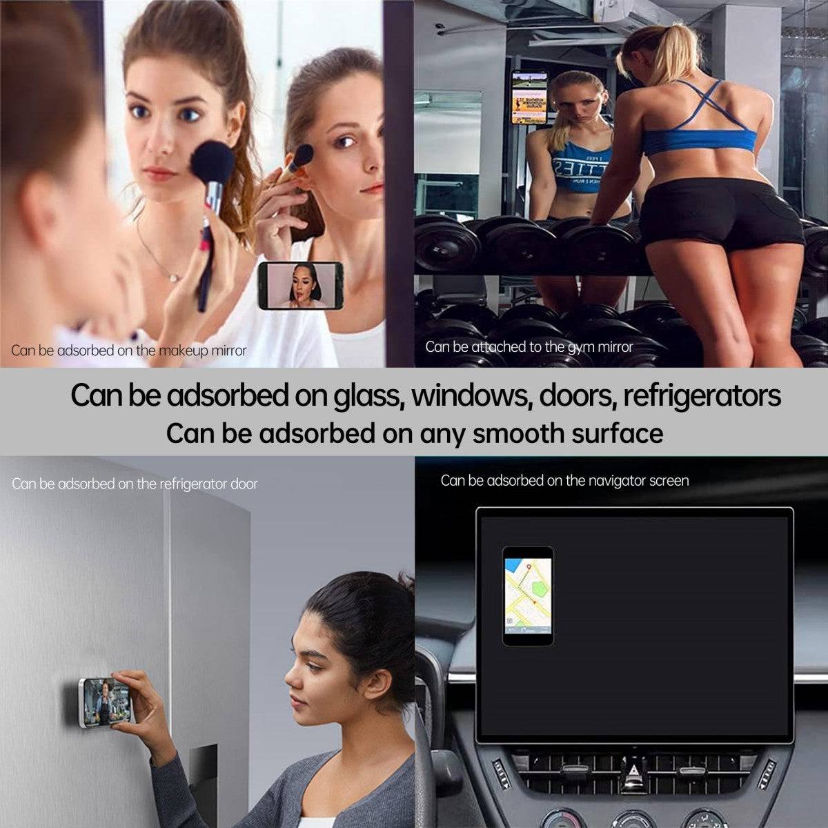 Silicone suction cup phone holder attached to different smooth surfaces like mirrors, refrigerators, and car dashboards for hands-free use.