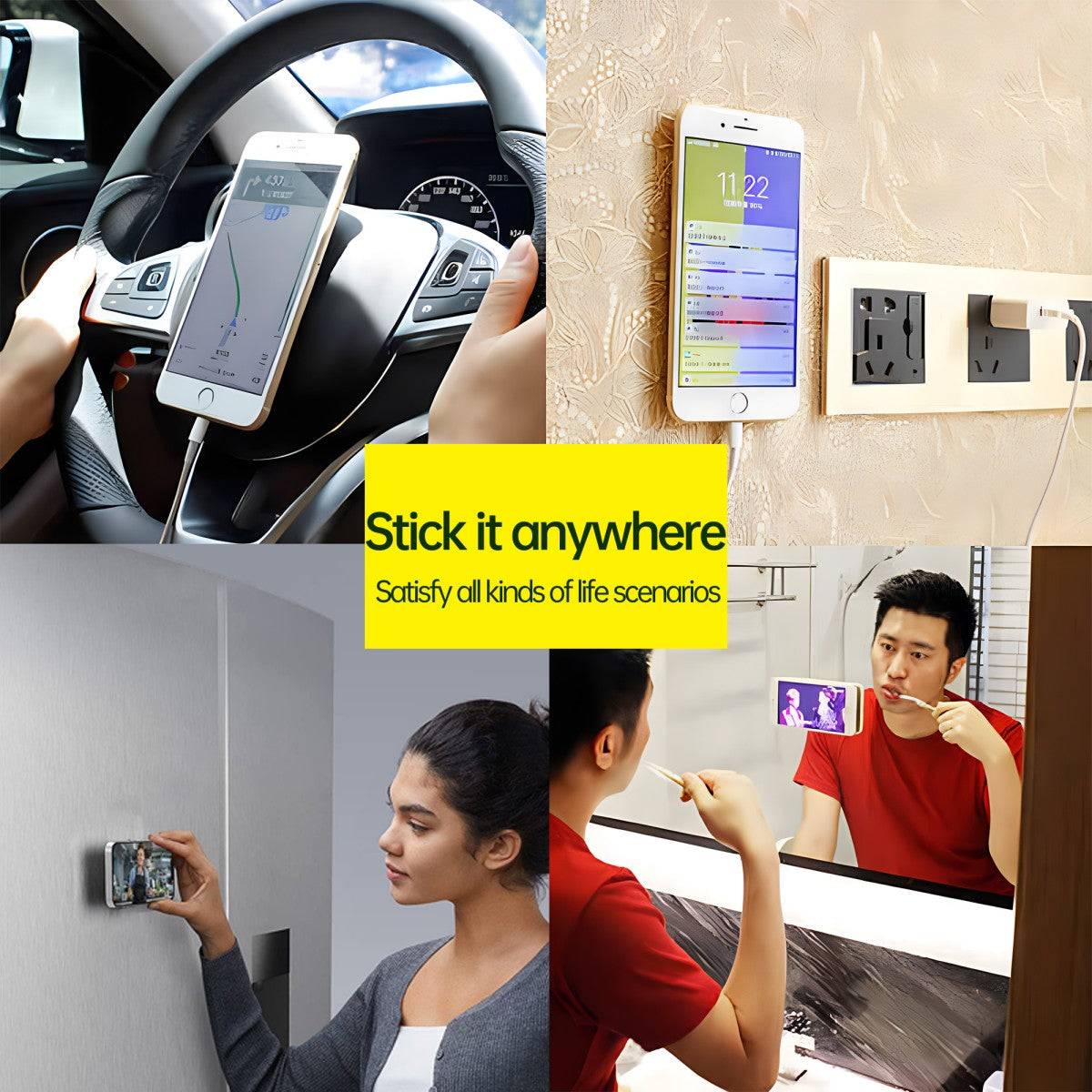 Versatile silicone suction cup phone holder used in various locations including car dashboard, wall, refrigerator, and mirror.