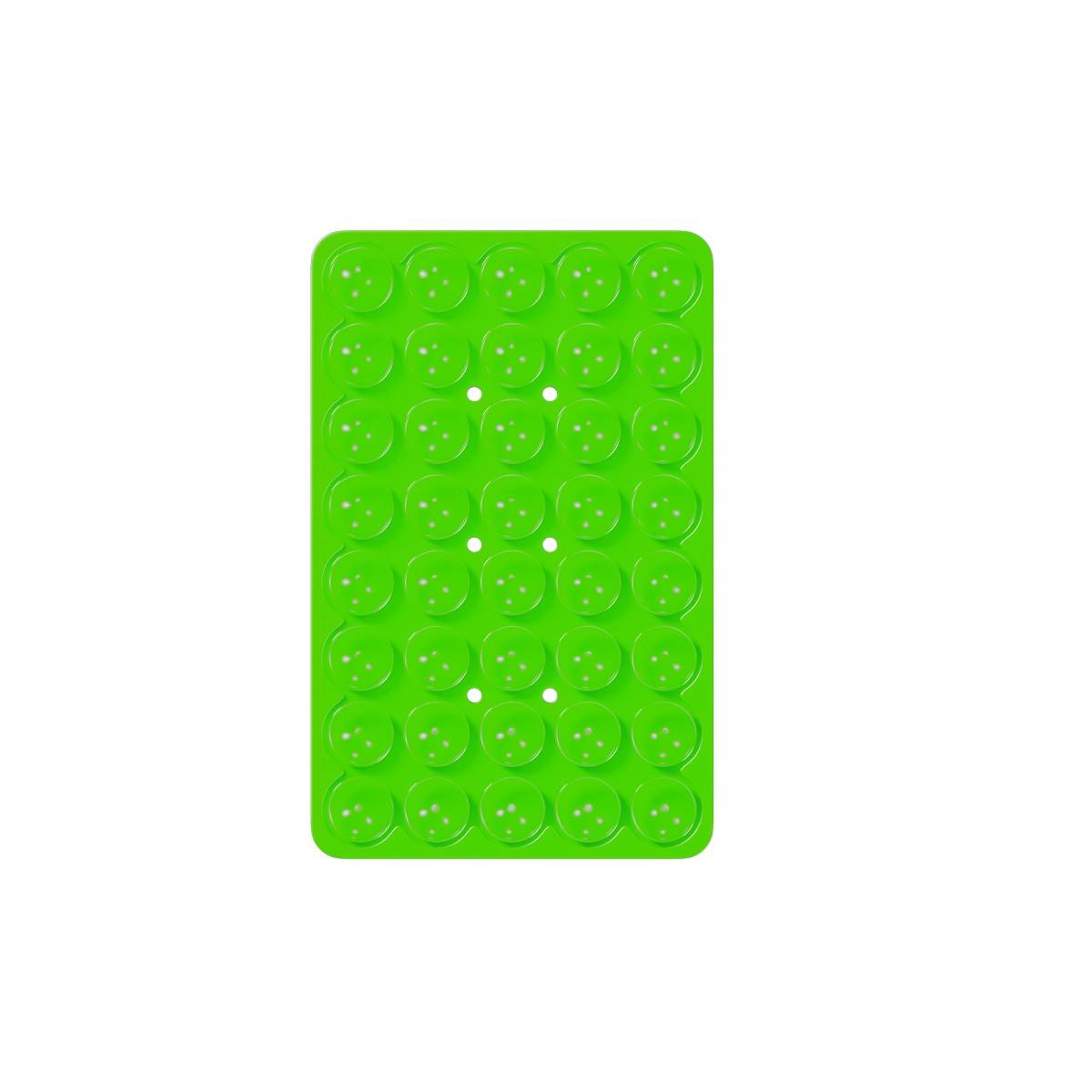 Green rectangular silicone suction cup phone holder with 40 suction cups for reusable and stable phone mounting.