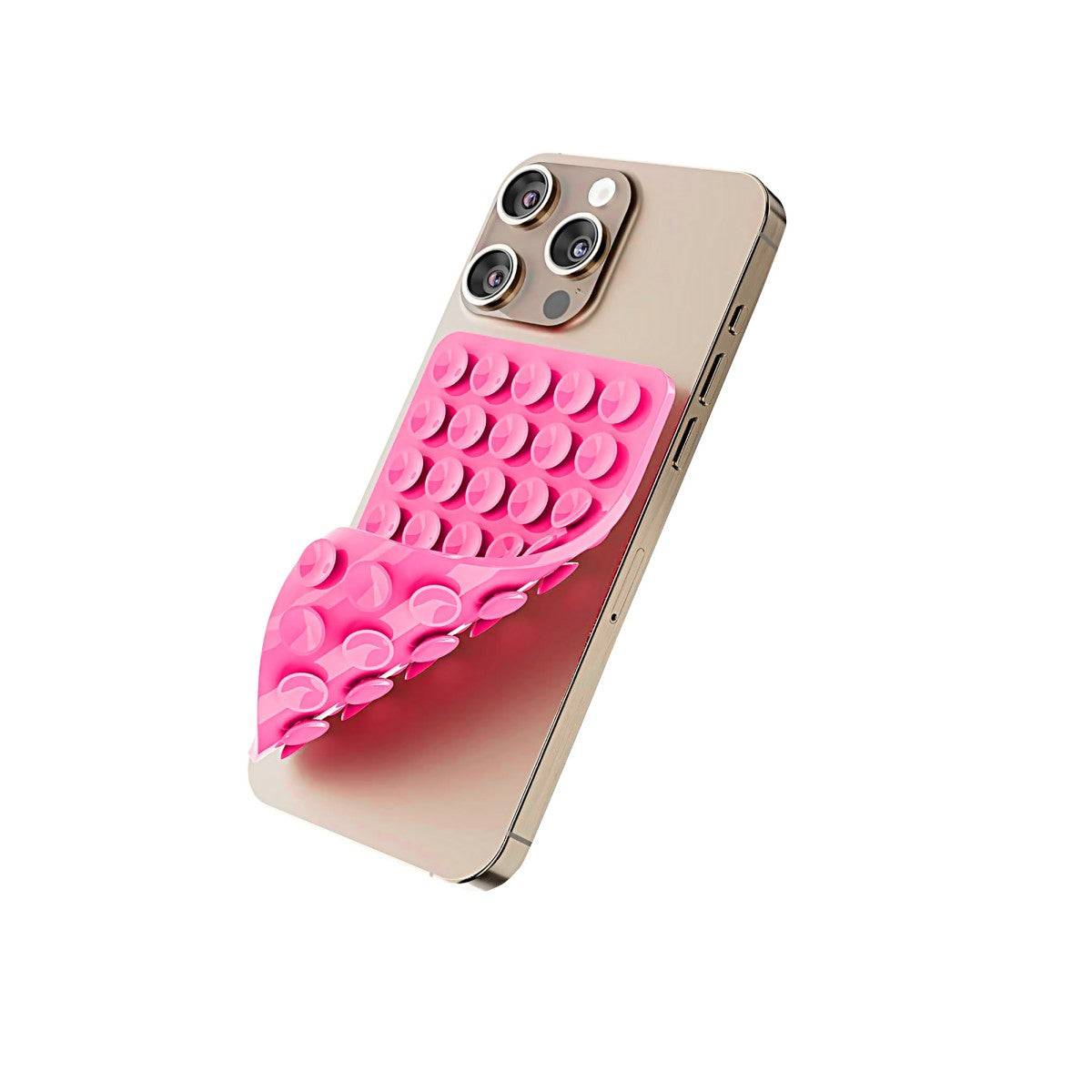 Pink double-sided silicone suction cup phone holder attached to a smartphone, providing strong adhesion for hands-free use.