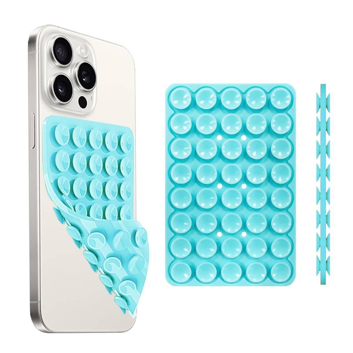 Light blue double-sided silicone suction cup phone holder attached to a smartphone, ideal for hands-free use on smooth surfaces.