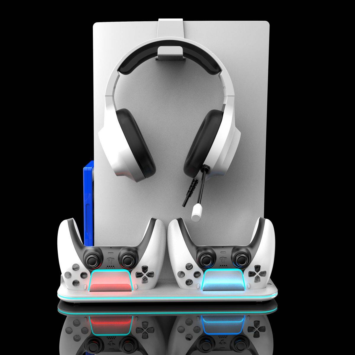 Front-facing view of DZ504 PS5 Cooling Stand with headset holder, dual controller charging, and vibrant RGB lighting. Ideal for organized gaming setups.