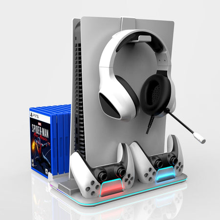 Best DZ504 PS5 Multifunctional Cooling Stand by Hugmie with dual controller charging, headset holder, and game storage. Features RGB lighting and efficient cooling.