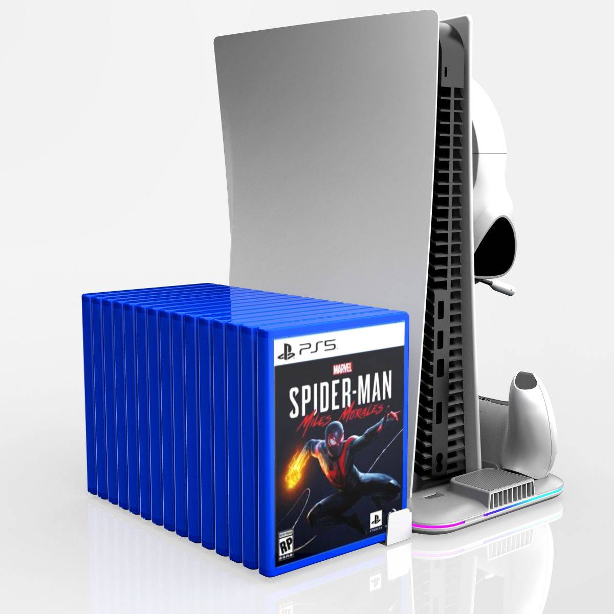 Side view of DZ504 PS5 Multifunctional Cooling Stand by Hugmie, showcasing game storage slots and efficient cooling system for enhanced console performance.