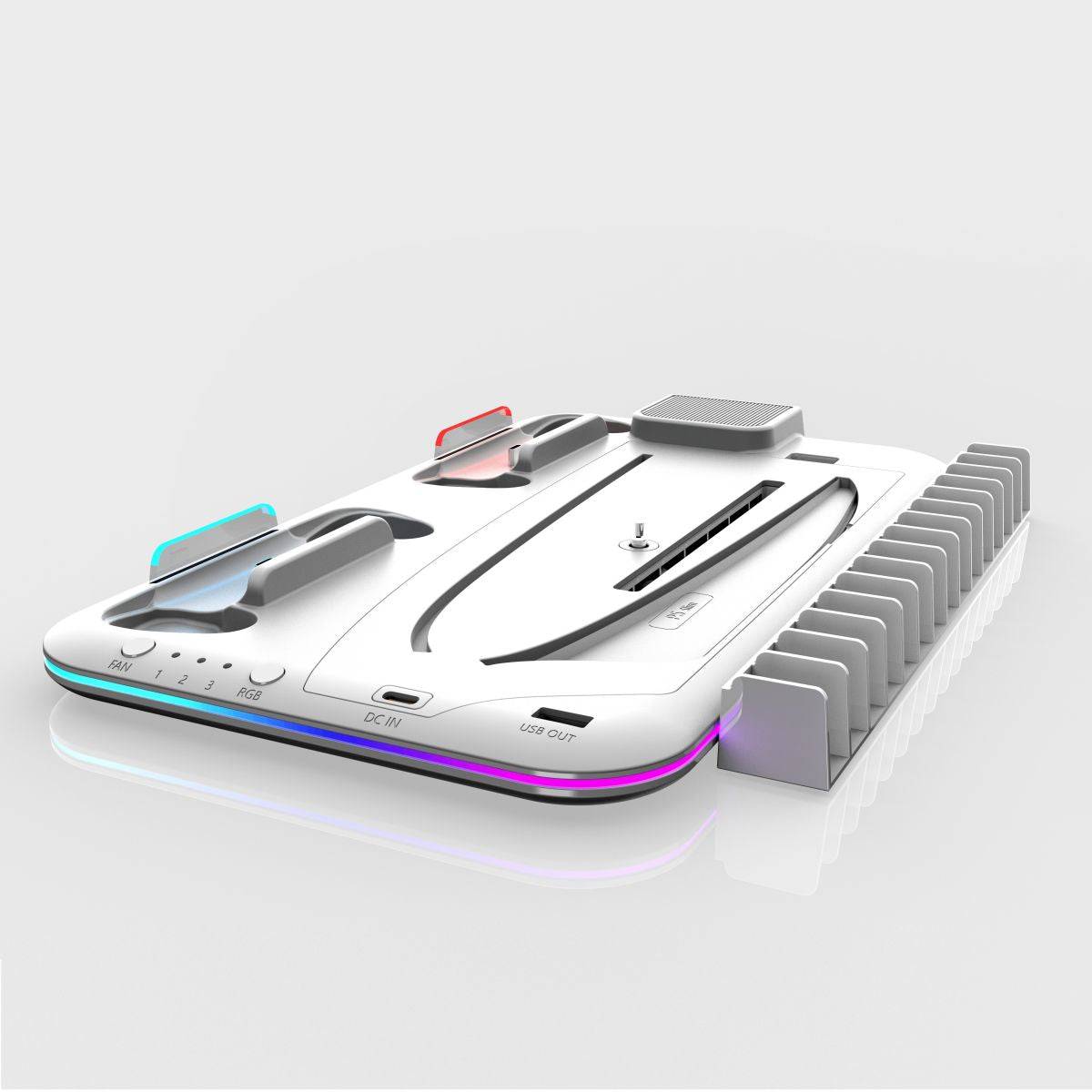 Close-up of Hugmie DZ504 PS5 Cooling Stand, showcasing controller charging slots, cooling vents, and game storage. Designed for optimal gaming performance.