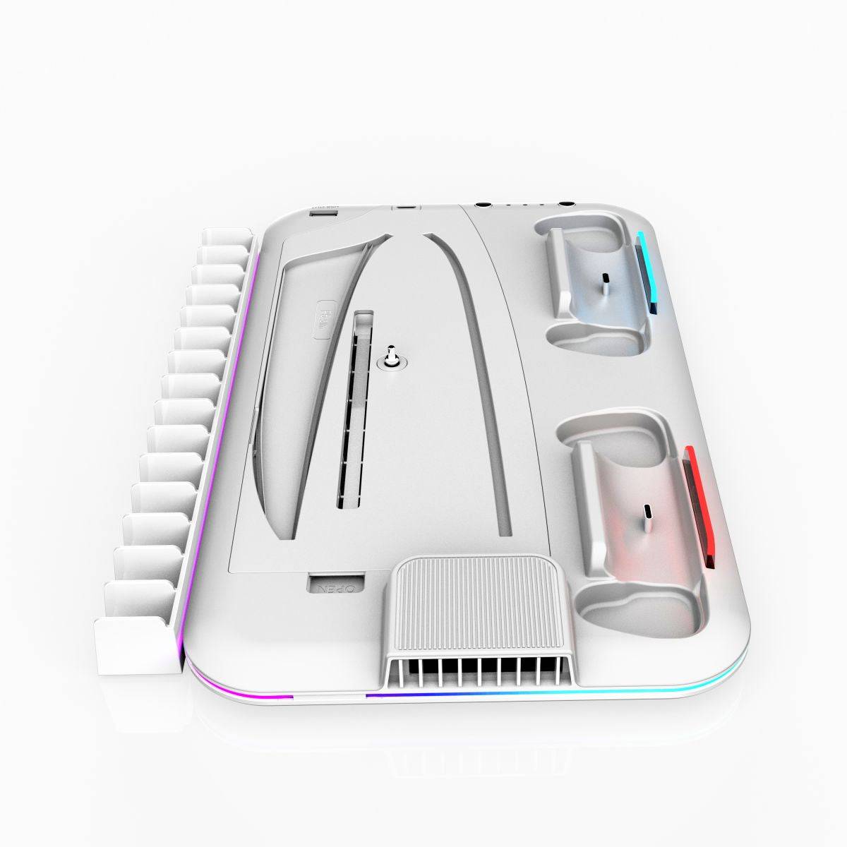 Top-down view of DZ504 PS5 Multifunctional Cooling Stand with controller charging slots, cooling vents, and game storage. Sleek and efficient gaming accessory.