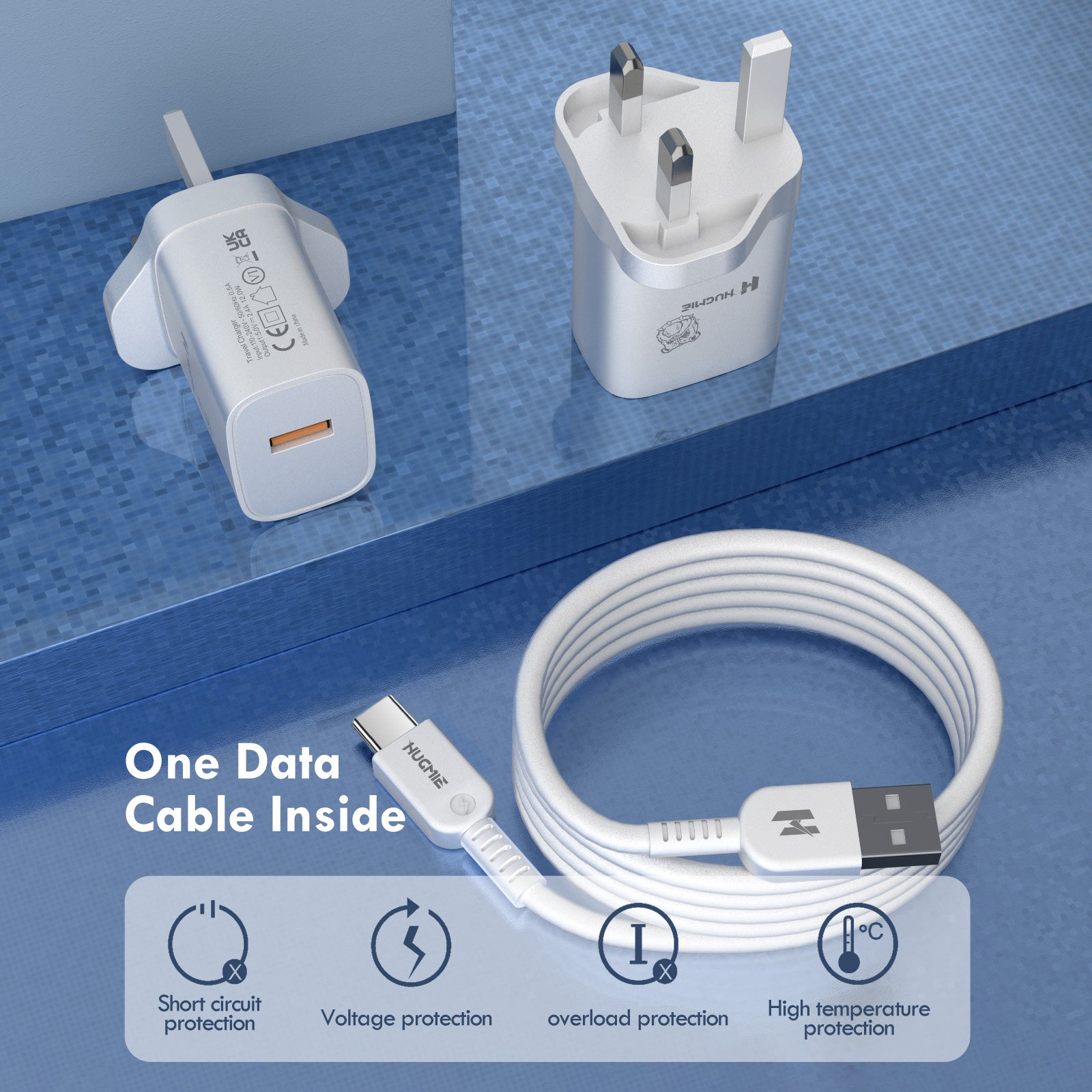 Hugmie HP-C12 USB Wall Charger with 1M Type-C Cable featuring UK plug, USB-A port, and durable cable with short circuit and overload protection.
