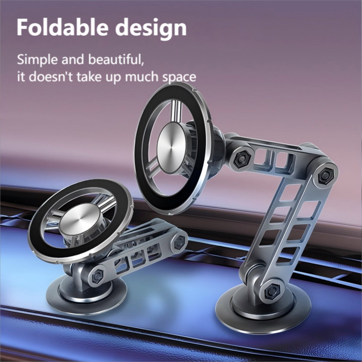 Foldable Alloy Magnetic Car Phone Holder featuring compact design for minimal dashboard space usage in cars and trucks.