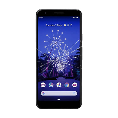 Google Pixel 3A with a cracked screen, available for premium screen repair. Fast 1-hour service with a 3-month warranty. Order online at Hugmie.