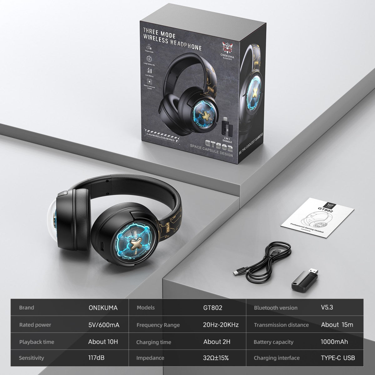 ONIKUMA GT802 Tri-Mode RGB Gaming Headset – 2.4GHz/Bluetooth/Wired