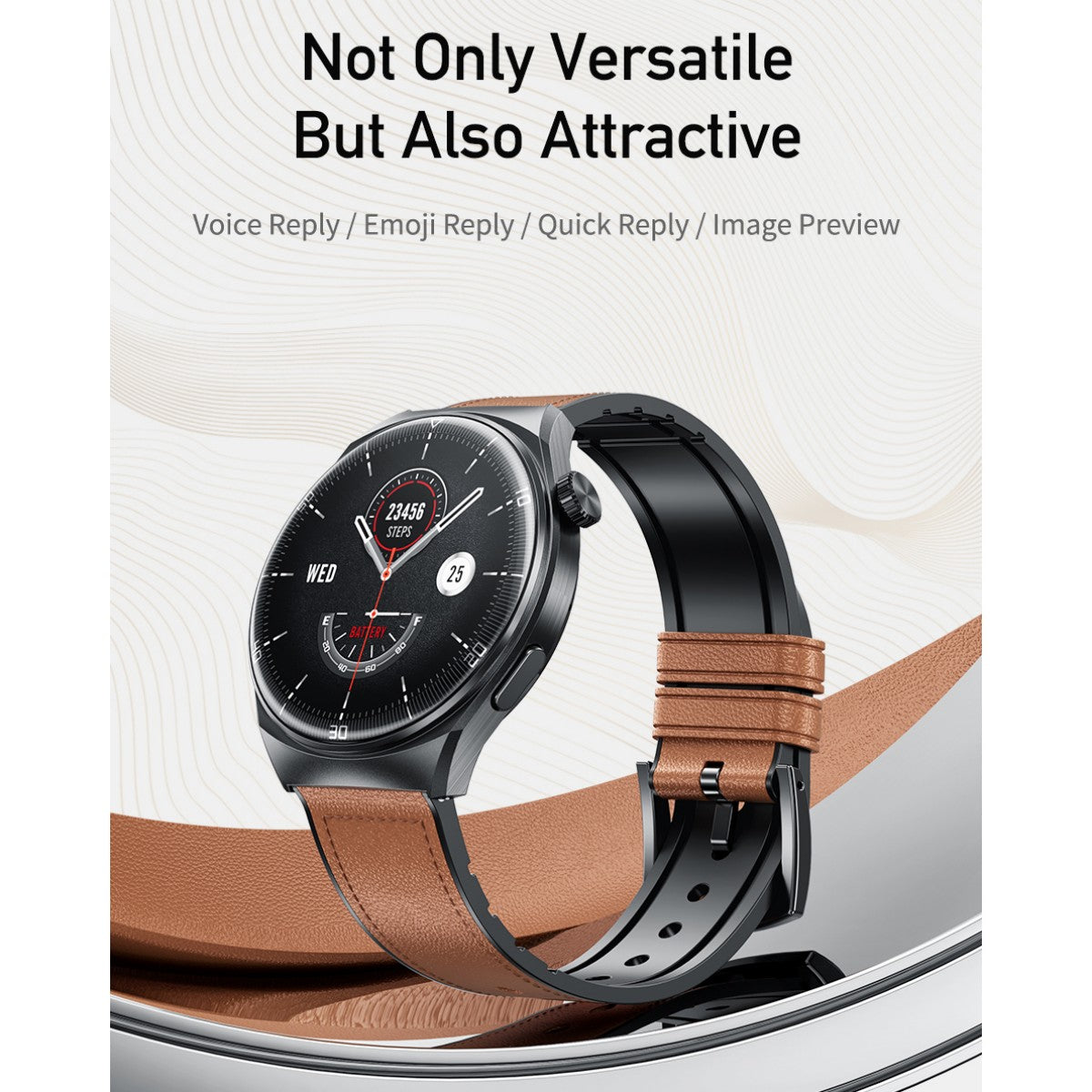 AWEI H27 Smart Watch with brown leather strap displayed at an angle, highlighting its sleek design and smart reply features.