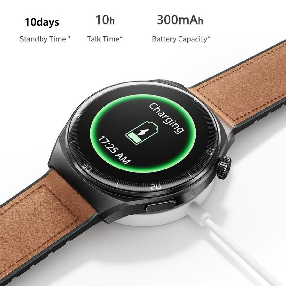 AWEI H27 Smart Watch on magnetic charger showing battery status, with 10-day standby and 300mAh battery capacity.