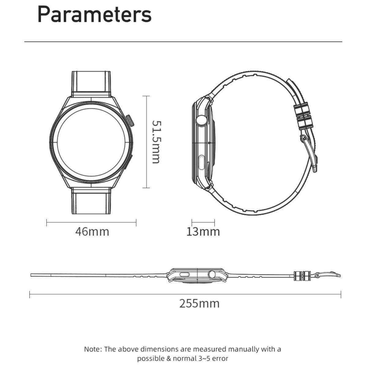 Technical drawing of AWEI H27 Smart Watch with dimensions including 46mm case width and 255mm strap length.