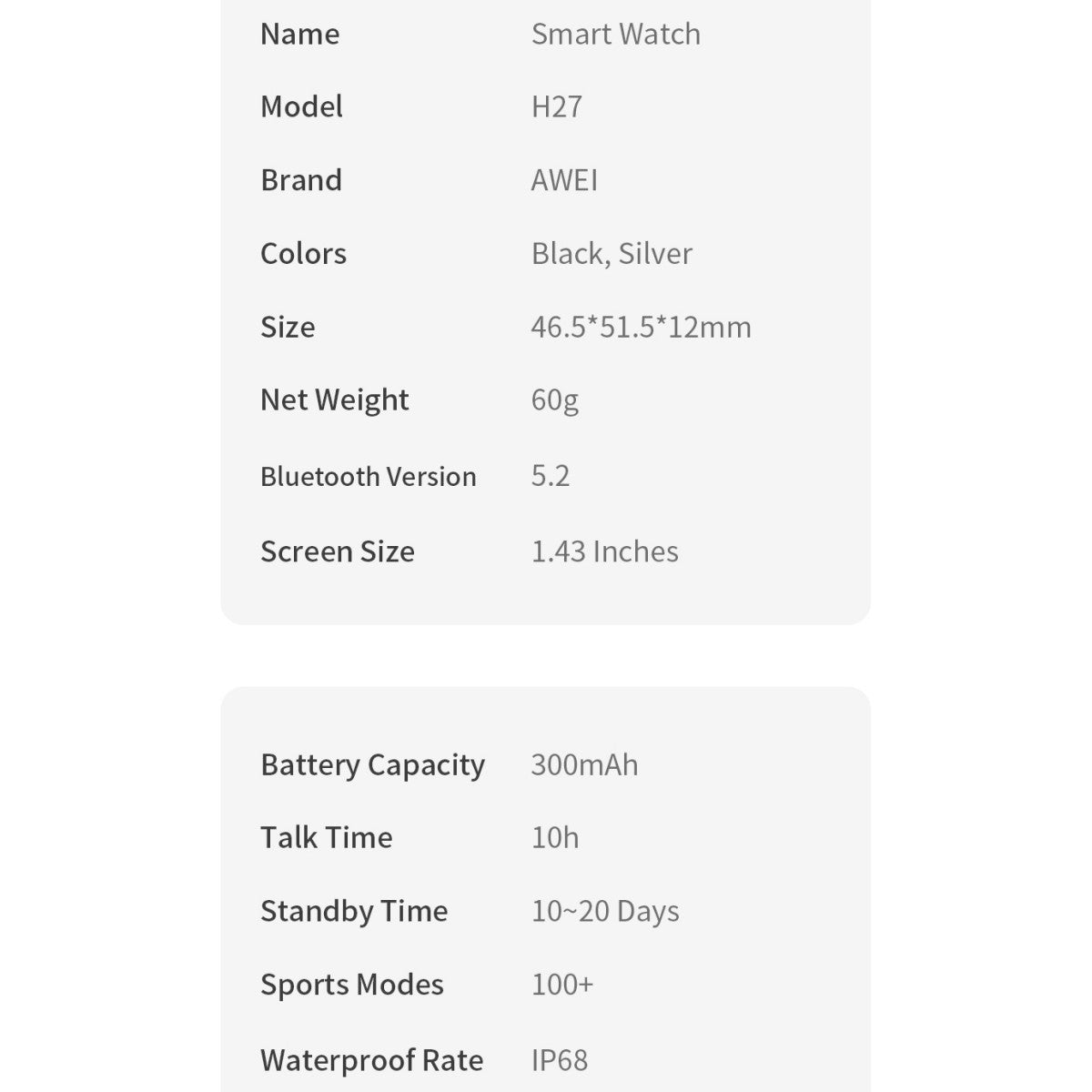 Specification chart of AWEI H27 Smart Watch listing features like IP68 waterproof rating, 300mAh battery, and Bluetooth 5.2.
