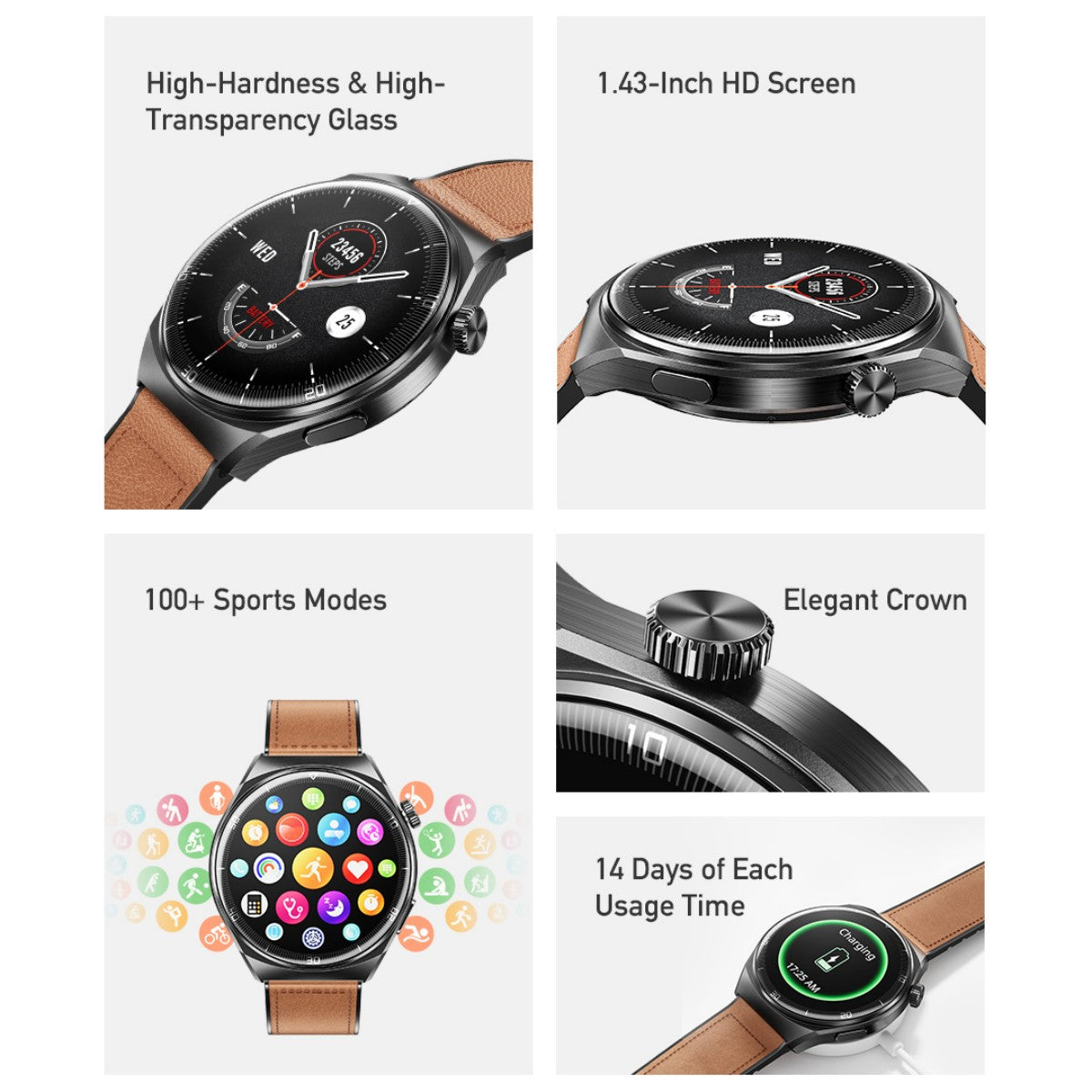 Close-up views of AWEI H27 Smart Watch showing HD screen, elegant crown, and icons for 100+ sports modes and 14-day battery life.