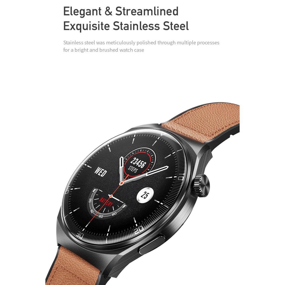 AWEI H27 Smart Watch featuring a stainless steel case with a brushed finish, emphasizing its elegant and streamlined design.
