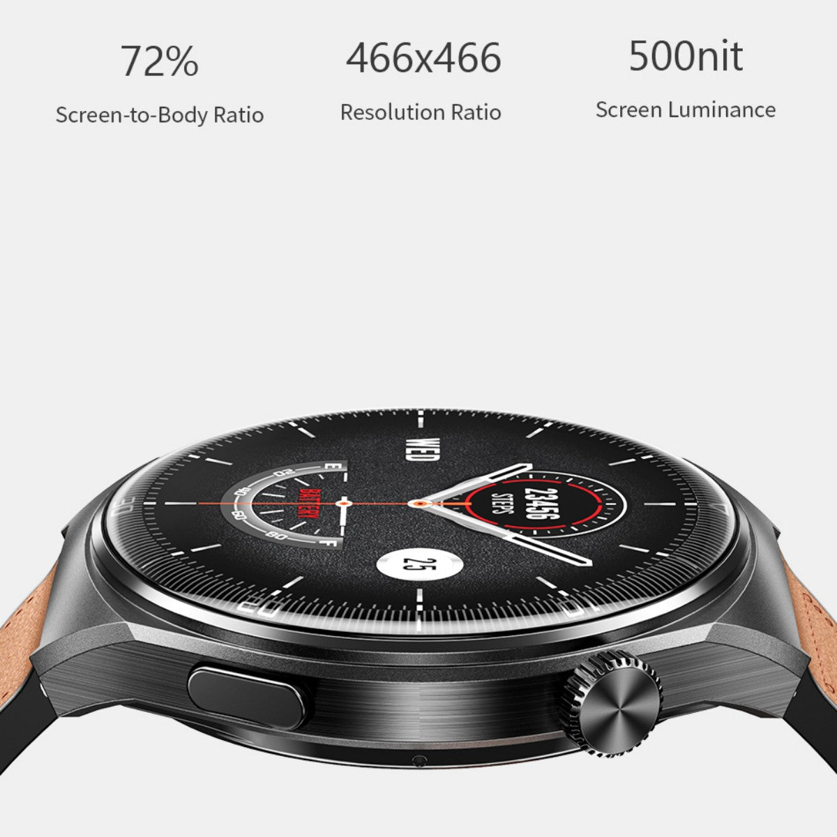 Side view of AWEI H27 Smart Watch showing 466x466 resolution, 500nit brightness, and 72% screen-to-body ratio for vivid display.