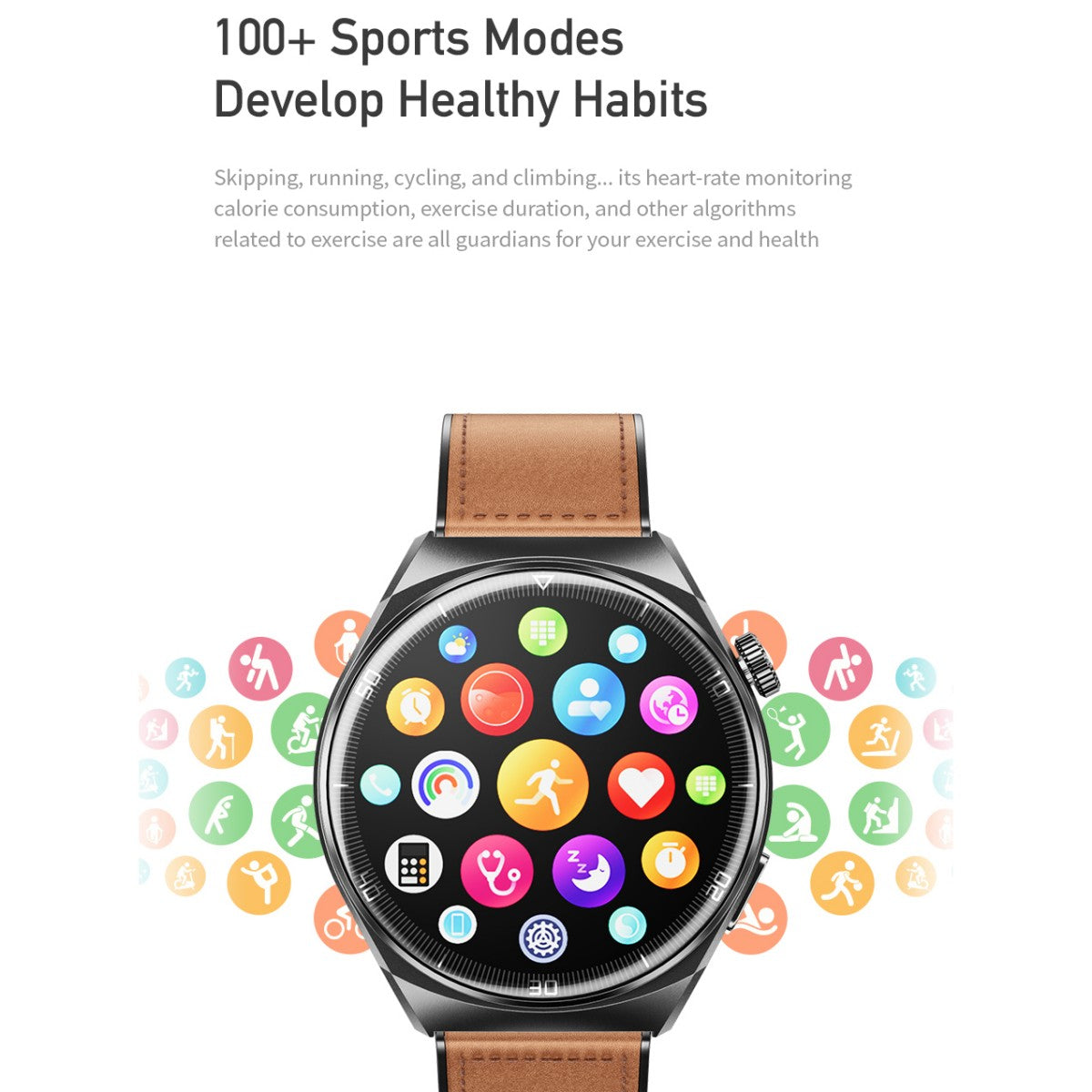 AWEI H27 Smart Watch displaying colorful app icons and promoting 100+ sports modes for fitness and health tracking.