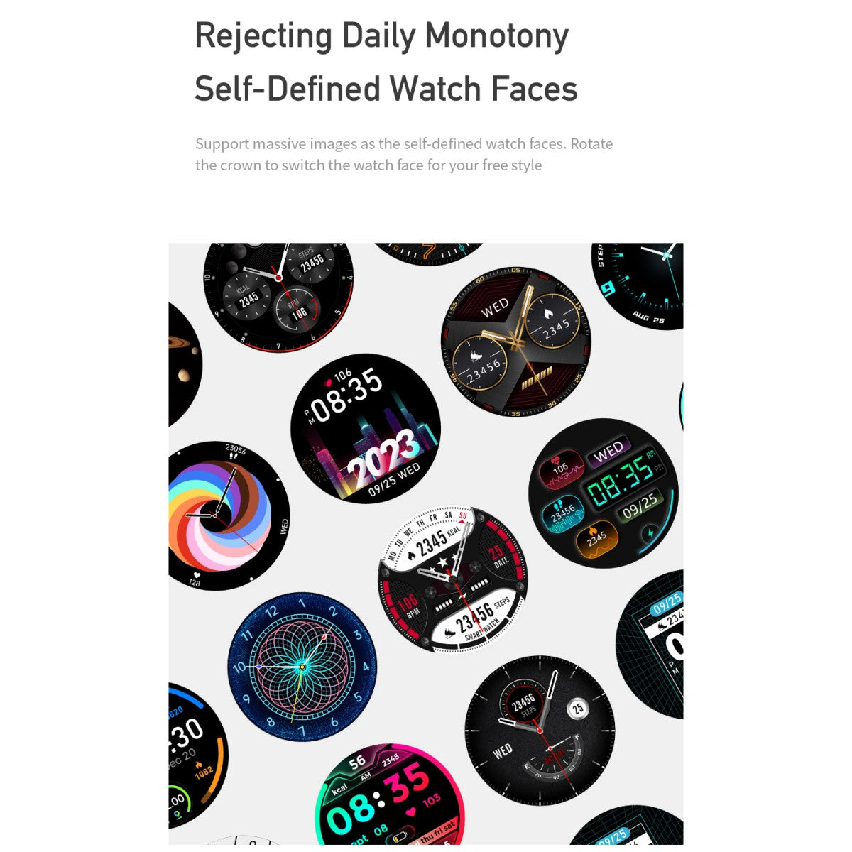 Multiple customizable watch faces for AWEI H27 Smart Watch, allowing users to personalize their smartwatch display style.