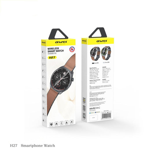 Retail packaging of AWEI H27 Smart Watch showcasing front and back views with product specs and features in the smart watches category.
