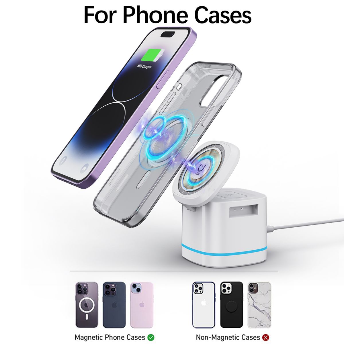 H32 MagSafe 3 in 1 Wireless Charger compatibility with phone cases. Works with magnetic cases, ensuring seamless wireless charging for iPhone users.