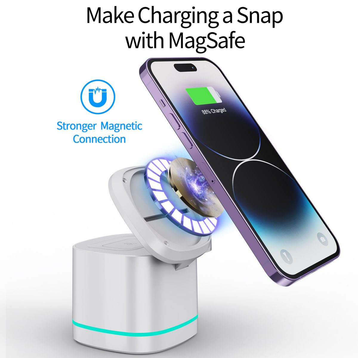 H32 MagSafe 3 in 1 Wireless Charger with strong magnetic connection. Securely holds and charges iPhone with MagSafe technology for effortless charging.