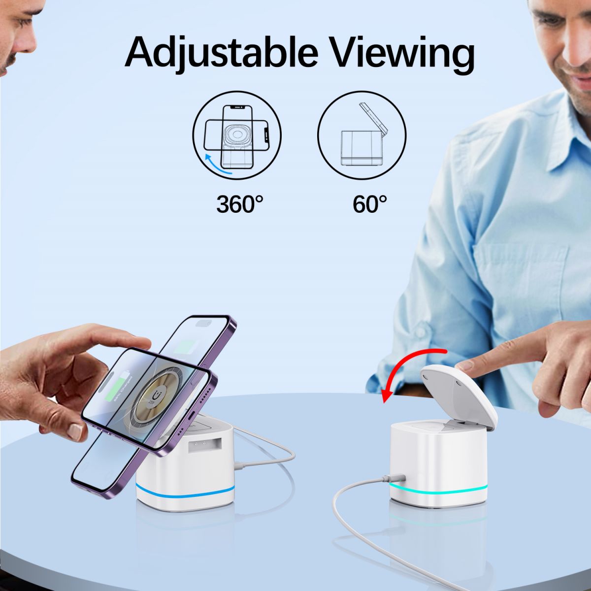 H32 MagSafe 3 in 1 Wireless Charger with adjustable viewing angles. 360-degree rotation and 60-degree tilt for optimal device positioning.