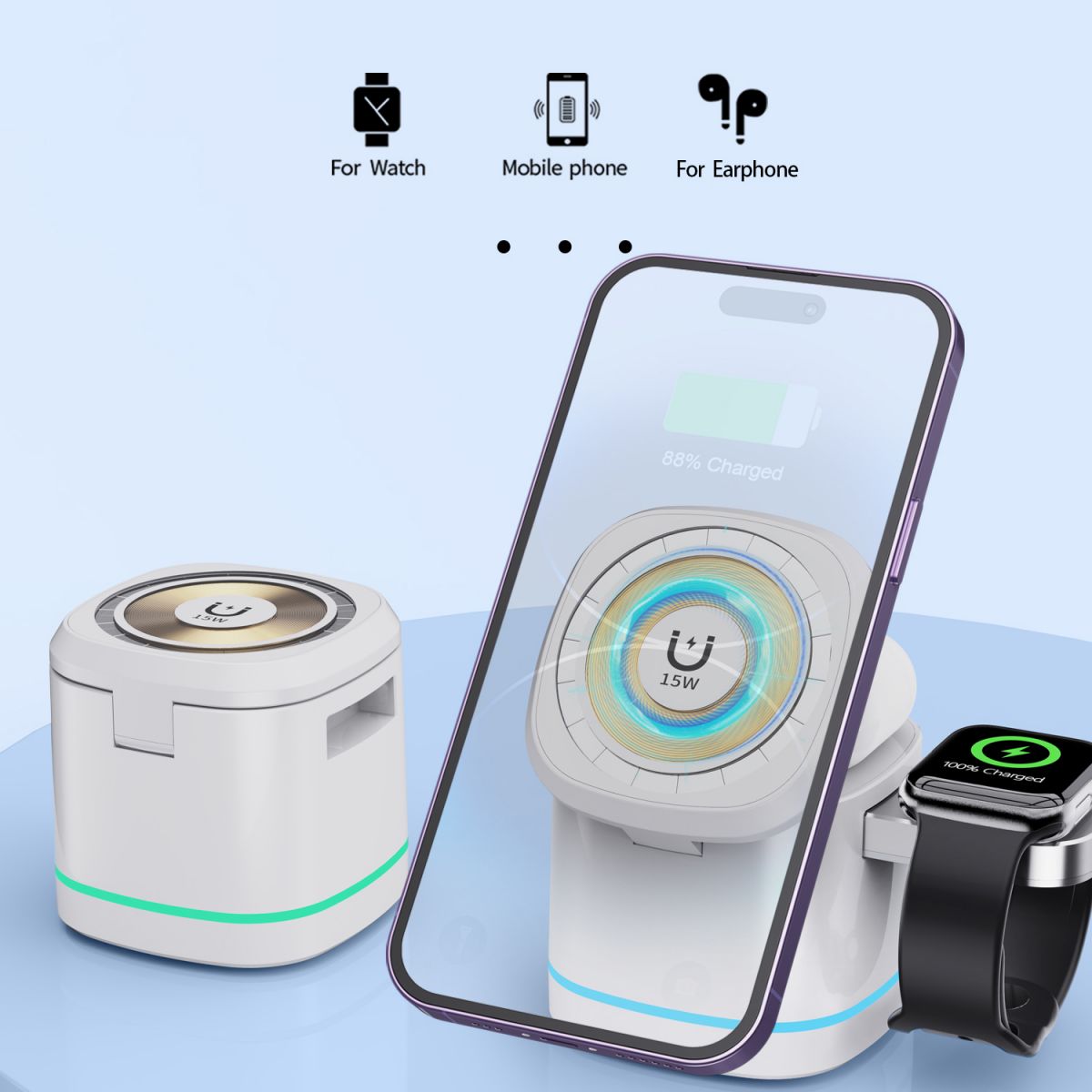 H32 MagSafe 3 in 1 Wireless Charger charging an iPhone, Apple Watch, and AirPods. Magnetic charging ensures secure and efficient power transfer.