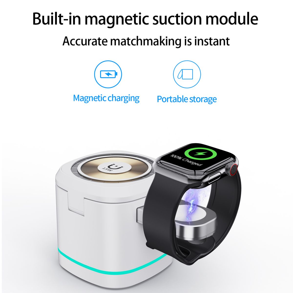 H32 MagSafe 3 in 1 Wireless Charger with built-in magnetic suction module. Ensures accurate and instant charging for Apple Watch and other devices.